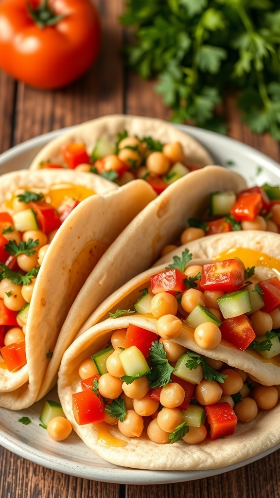 Stuffed pita bread with chickpeas, cucumbers, and tomatoes on a rustic table.